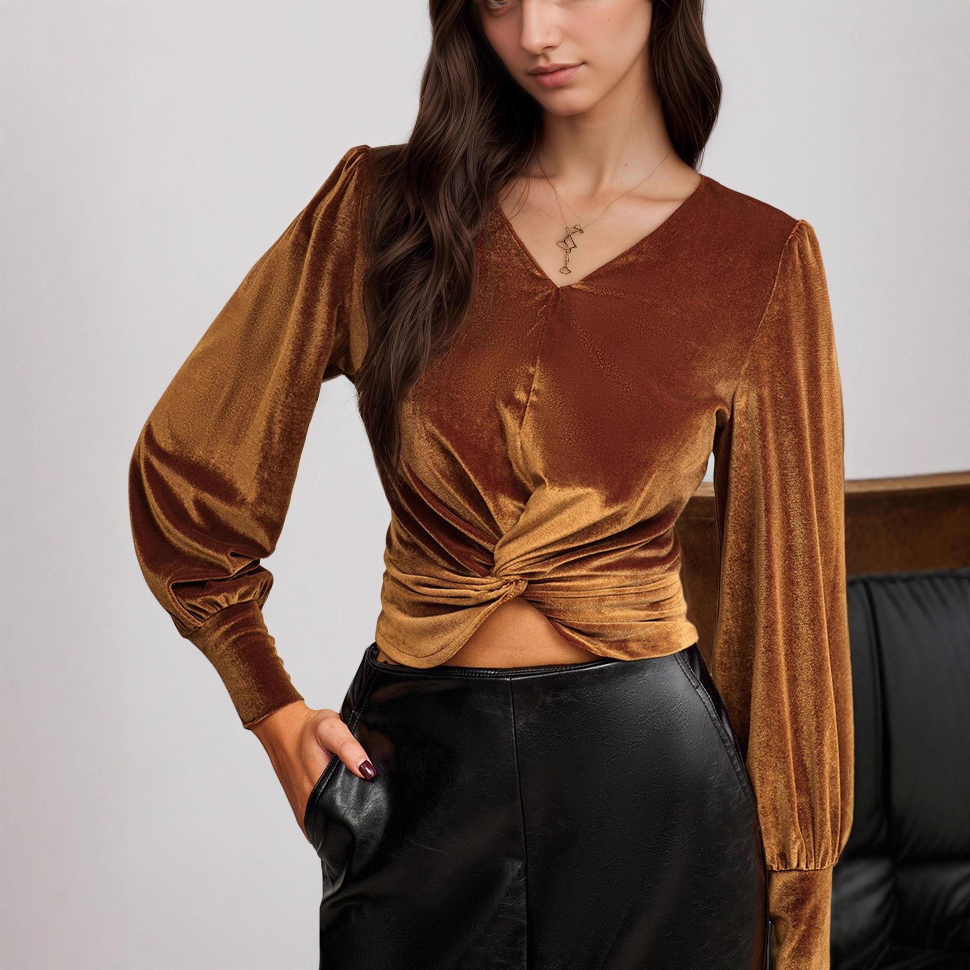 European and American autumn high-end velvet French chic waist kink design waist long-sleeved shirt top european and american size s