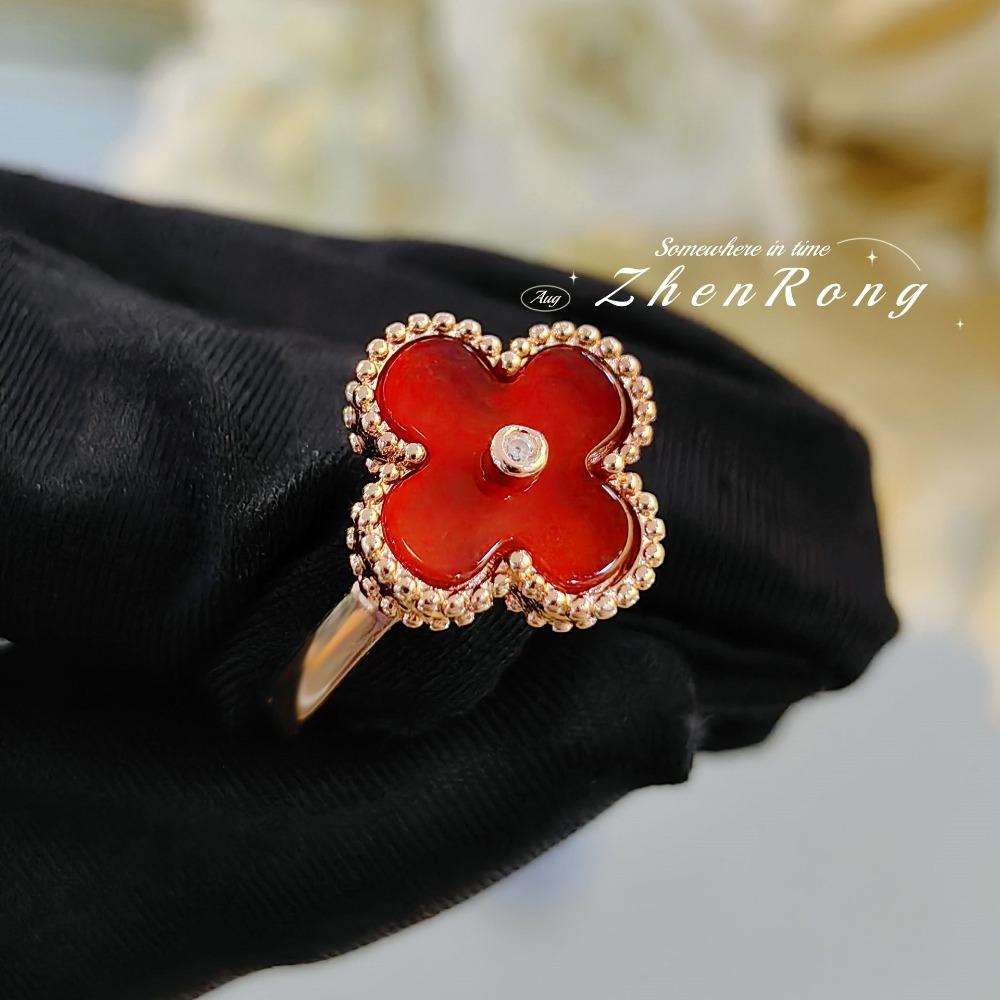 Women Jewelry Set Red Agnate Four Leaf Clover Necklace Ring Earrings Bracelet Natural Red Carnelian Luxury Gift