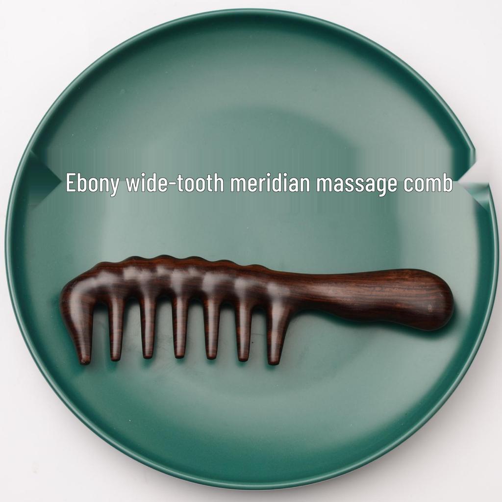 Ebony Ash Wood Wide-Tooth Meridian Massage Comb with Round Drum Handle