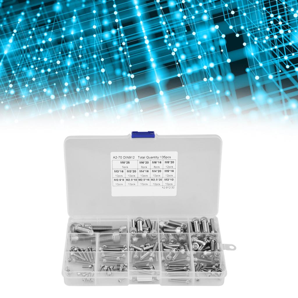 135pcs M2.5 M3 M4 M5 M6 M8 304 Stainless Steel Hex Socket Head   Screws Set, 304 Stainless Steel Hex Socket Head   Screws with Transparent Storage