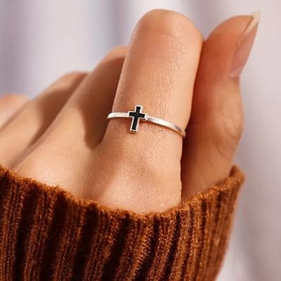 Huitan Fashion Contracted Cross Rings for Women  Color Black Drop Glaze Finger Accessories Female Versatile Daily Jewelry