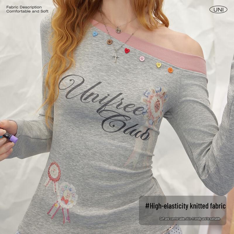 UNIFREE 2026 Spring Off-Shoulder Badge Print Long Sleeve T-Shirt