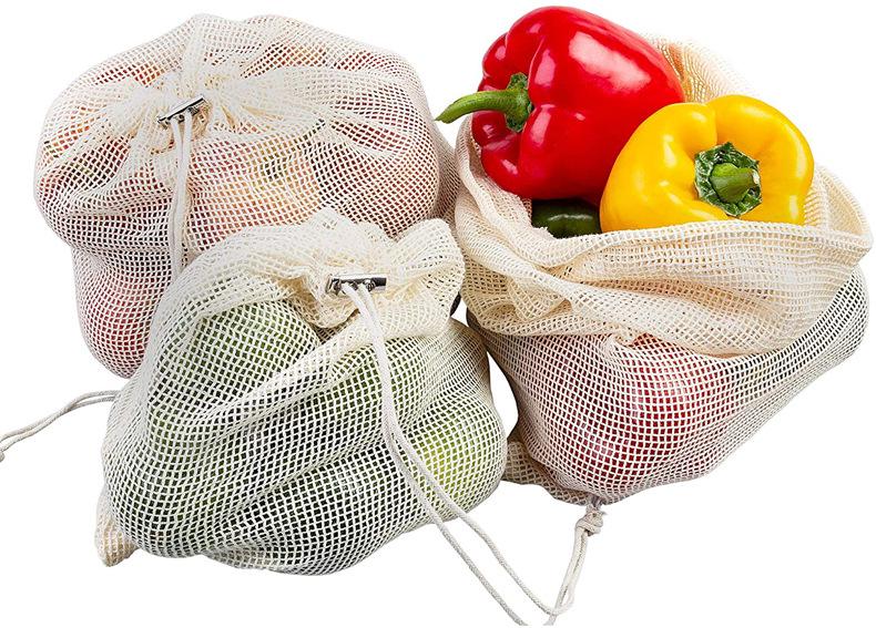 Eco-friendly Pure Cotton Mesh Drawstring Bag for Fruit & Vegetables