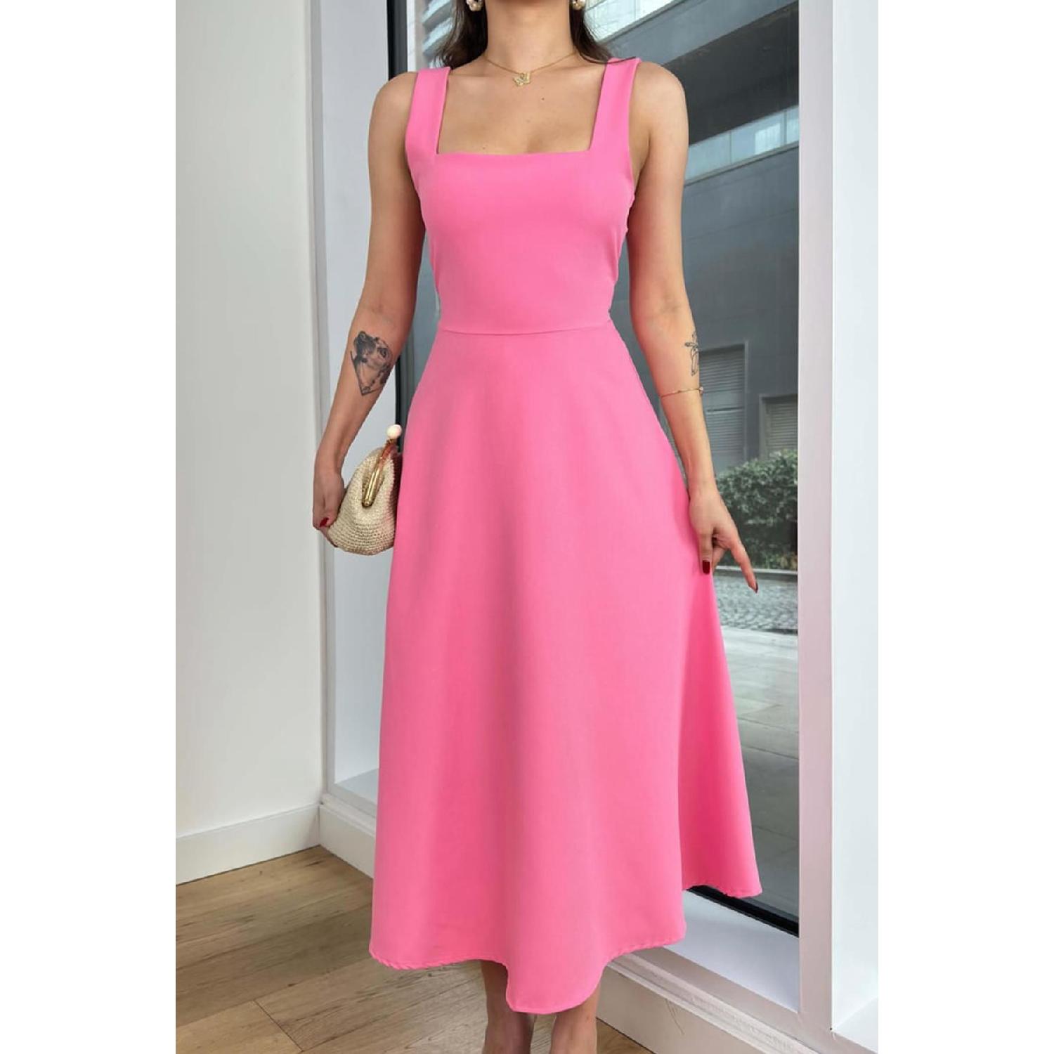

Women s Square Collar Thick Strap Design Midi Dress Pink S рожевий