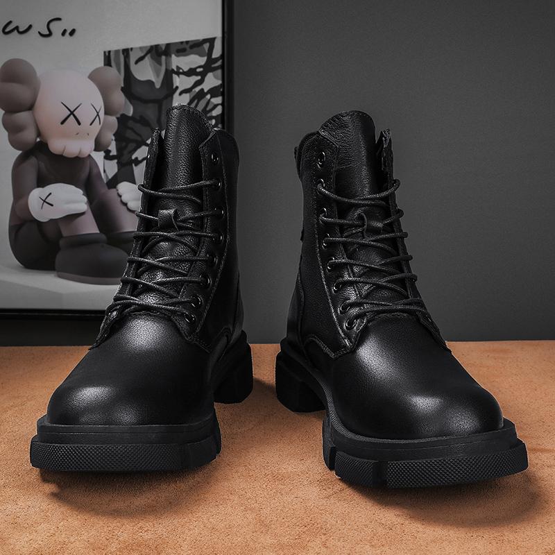 Genuine Leather Motorcycle Boots for Men New Fashion Mens High Top Footwear Warm Plush Fur Winter Boots Luxury Brand Snow Boots
