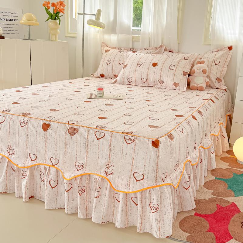 Printed Bed Skirt with Pillowcase Queen Size Bed Cover Set Ruffles Mattress Protector Home Bed Linen Soft Bedspread Jupe De Lit