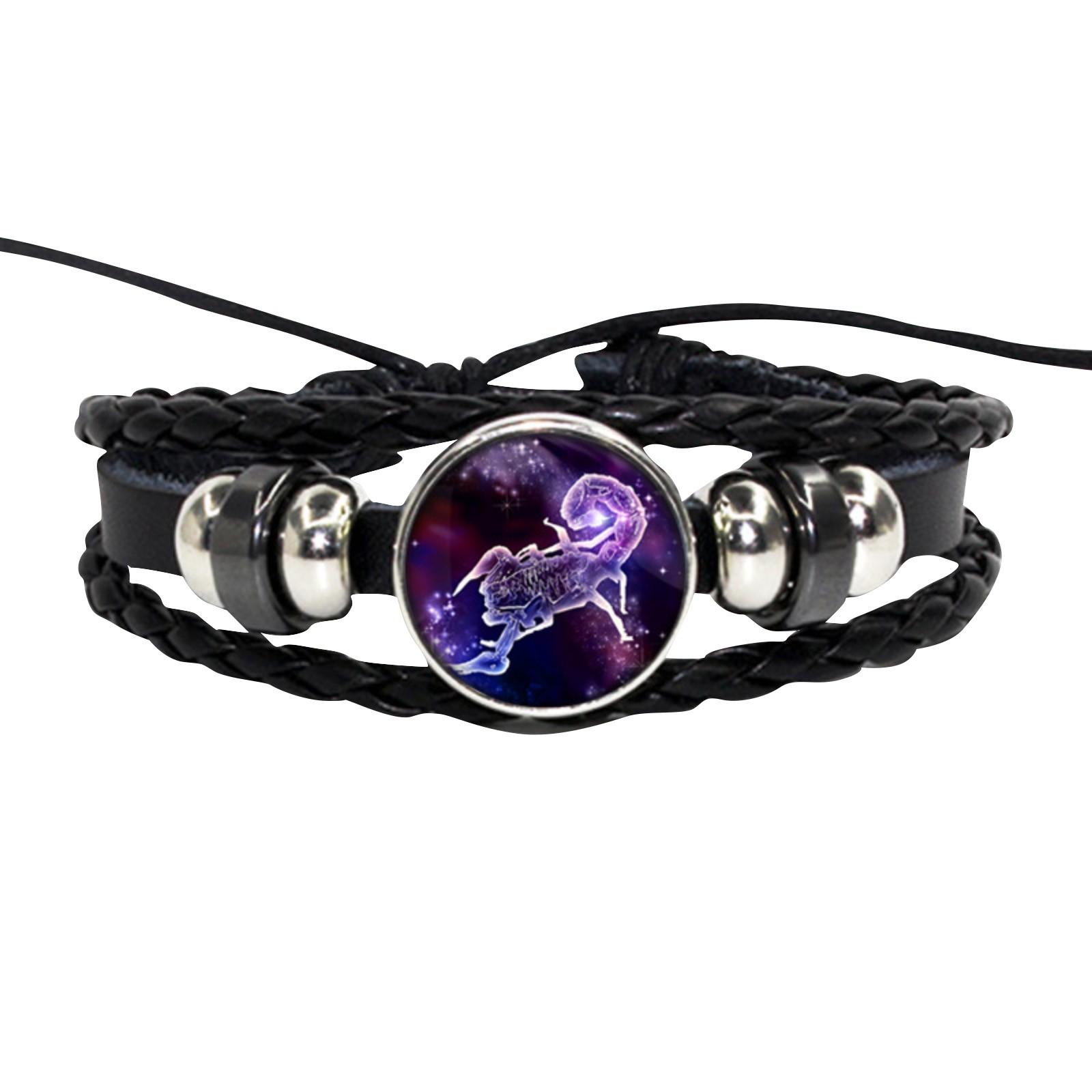 

Vintage Style Braided Leather Cord Bracelet Set with Time Gemstone Zodiac Signs Adjustable Handmade Accessories for Men Women One Size