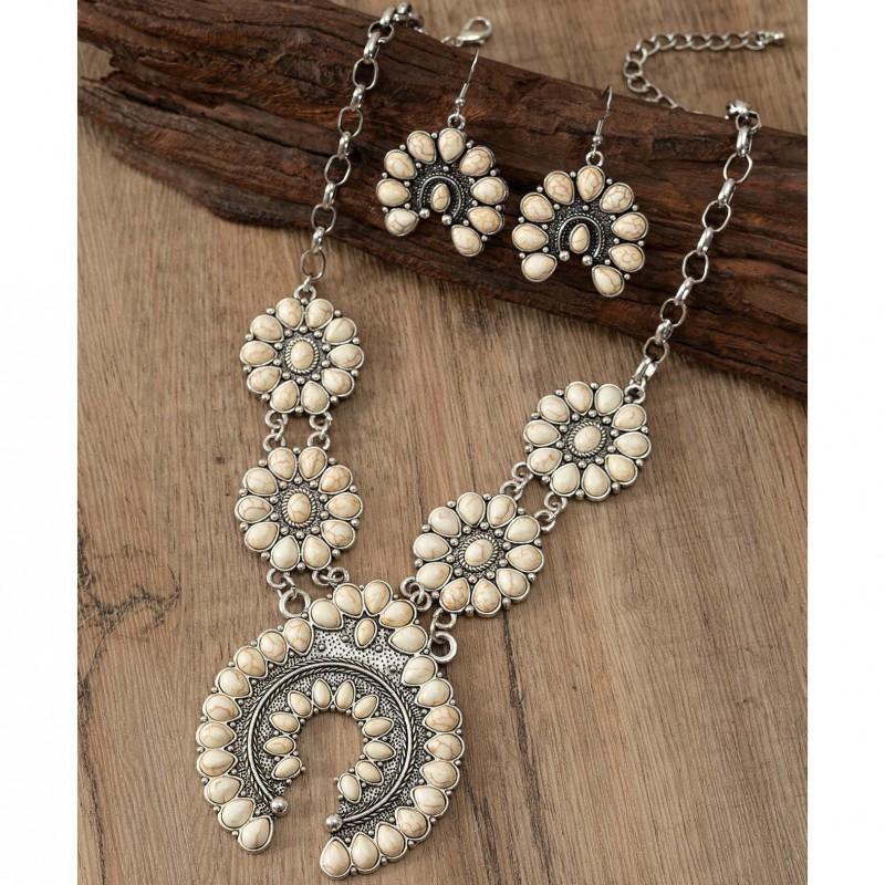 Boho Turquoise Pendant Necklace Set With Earrings Zinc Alloy Chain U-Shaped Vintage Style Women Men Casual Wear