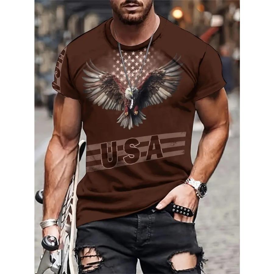 Grafisk 3D Eagle-tröja för män - fet bokstavstryck, ledig passform, kortärmad sommartröja - perfekt för utomhusbruk