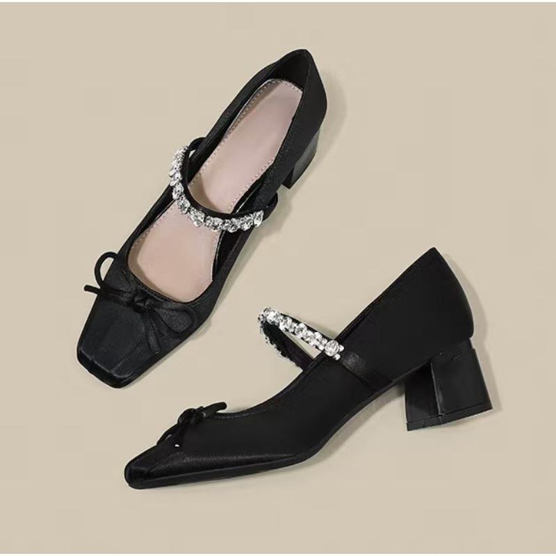 2025hot Sale New Spring Crystal Buckle Women Mary Jane Shoes Fashion Butterfly-knot Female Elegant Square Toe Thick Heel Shoes