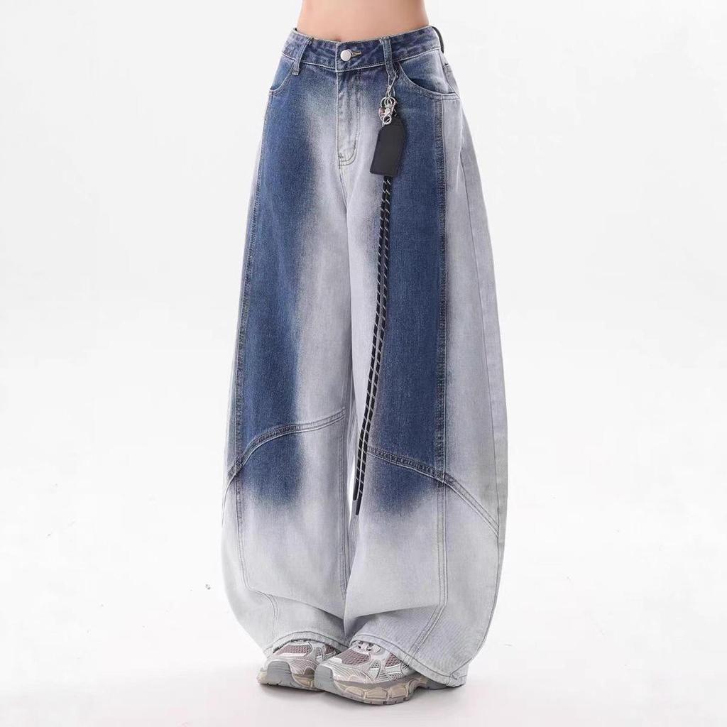 Women's Retro Gradient Washed Denim Hip Hop Pants - Casual Loose Fit