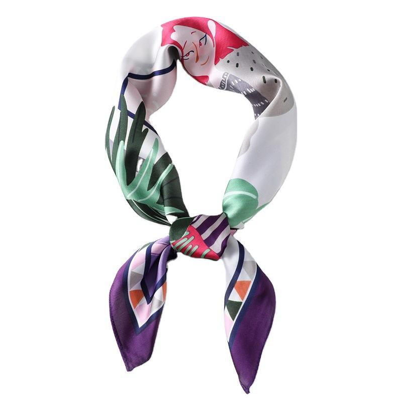 French romantic silk scarf women's cartoon character scarf simulation silk versatile decorative scarf autumn and winter scarf new