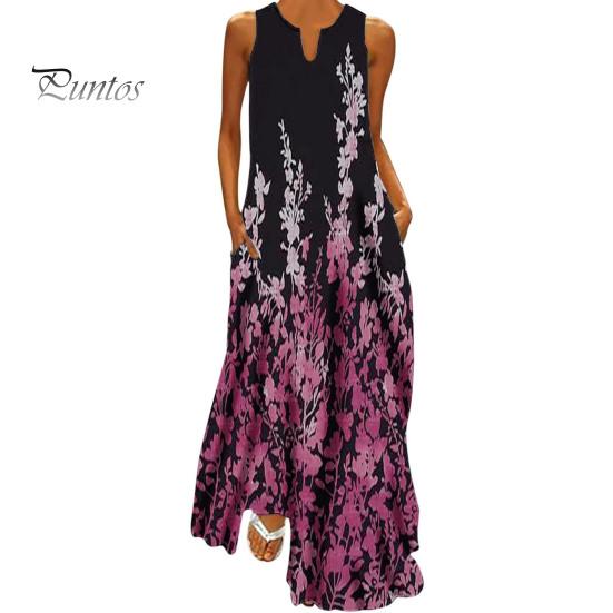 

Женское летнее платье с V-образным вырезом, без рукавов, с цветочным принтом, макси-платье с карманами, свободный крой, струящийся длинный сарафан S A