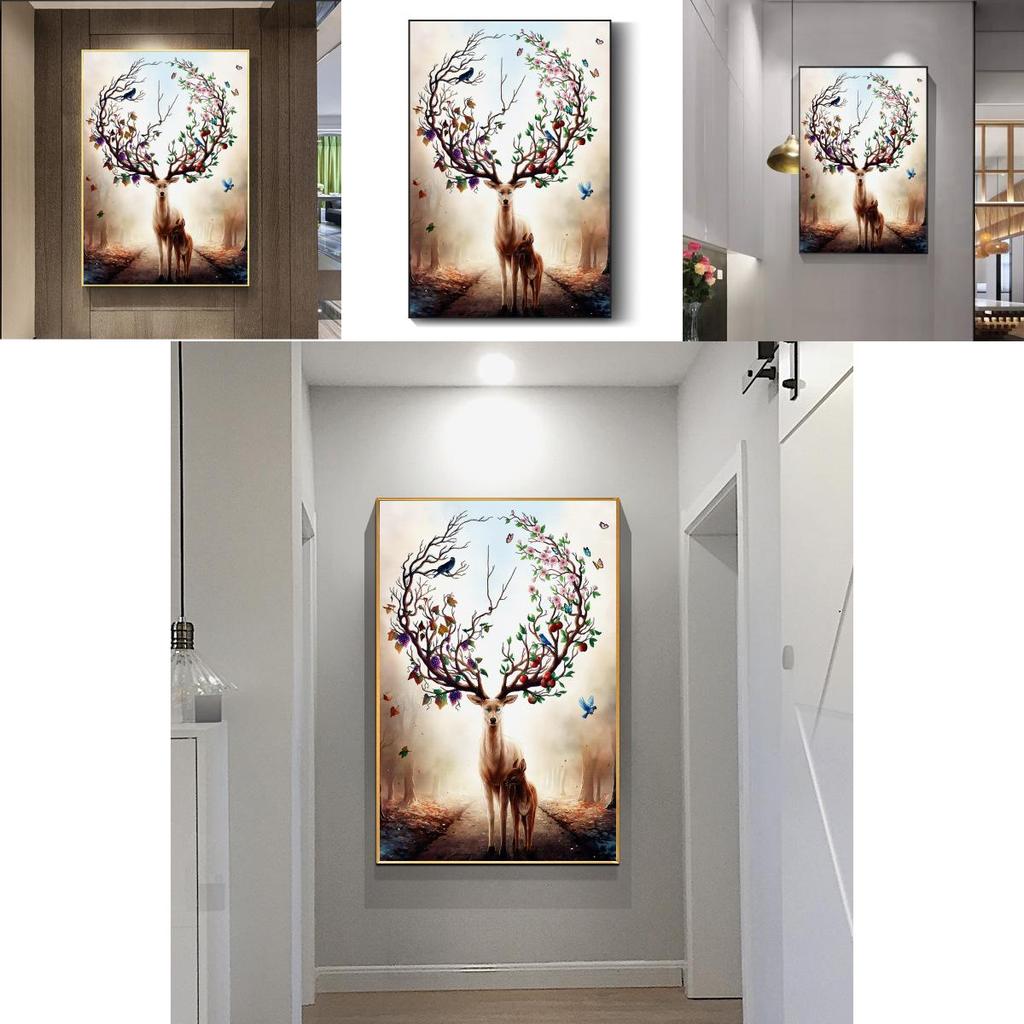 Modern Nordic Style Canvas Art With Deer And Tree Illustration For Living Room Decor