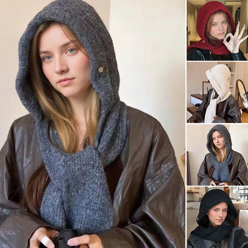 1Pc Solid Color Thicken Hat Cold Protection Integrated Keep Warm Shawl Buckled Knit
