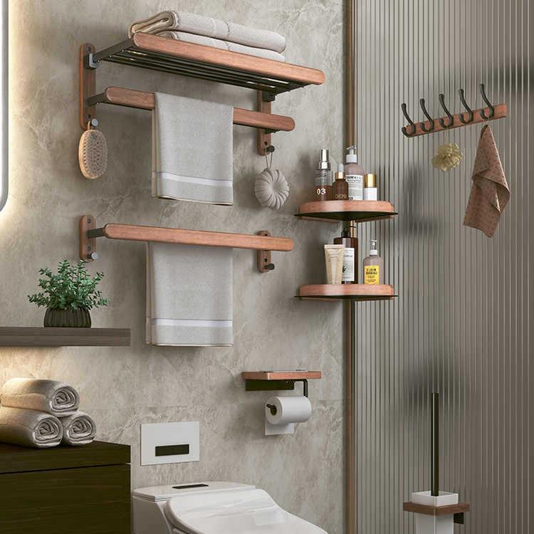 Walnut Punch-Free Luxury Towel Rack: Wall-Mounted Bathroom and Hotel Shelf