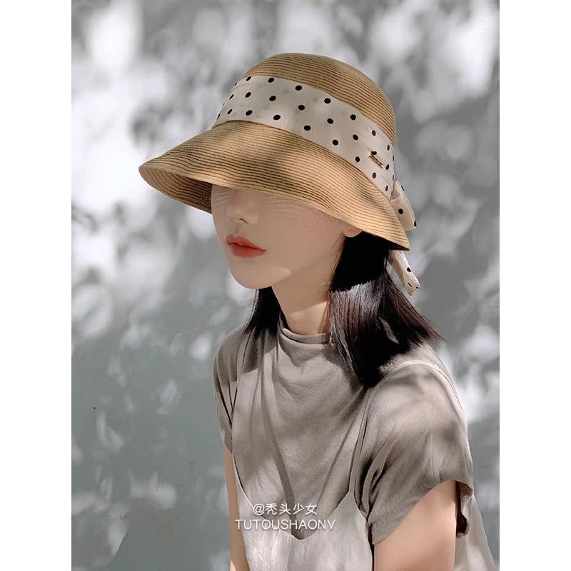 French Elegant Curled Straw Hat Women's Summer Outdoor Travel Polka Dot Bow Ribbon Versatile Wide Brim Sunscreen Hat