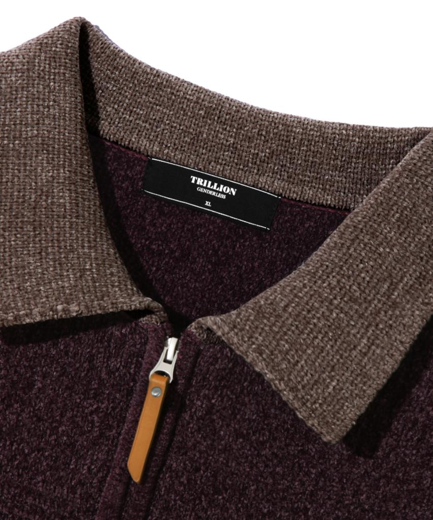 TRILLION Color Work Collar Zip-Up Knit Jacket [Purple Brown]