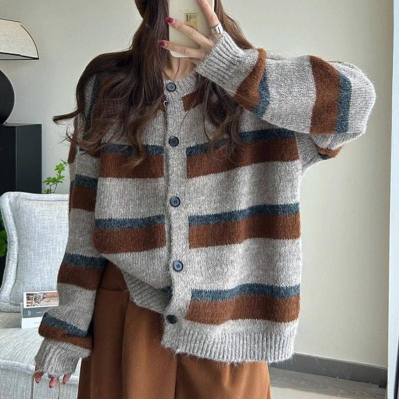 Korean Version Loose Lazy Style Casual Vintage Color Block Stripe Knitted Cardigan Sweater Women's Top Coat