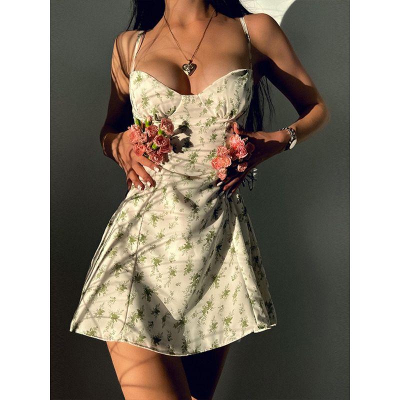 

Fashion Style Summer Elegant Amazon New Bohemia Small Floral Skirt Sexy Sling Dress Female Fashion Green S