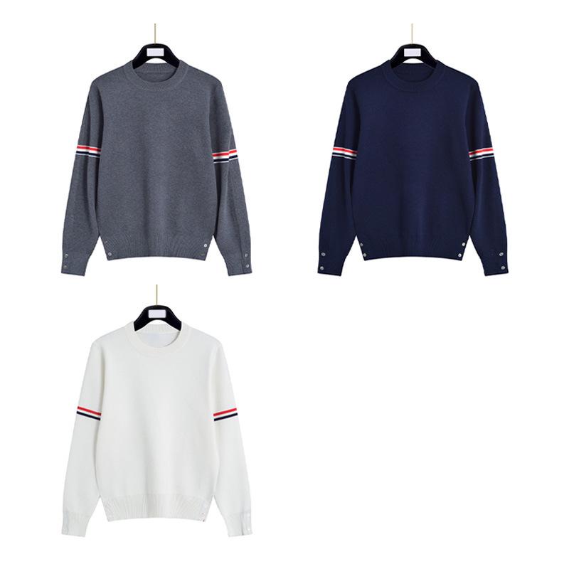 Unisex Striped Knit Sweater with Three-Color Woven Ribbon