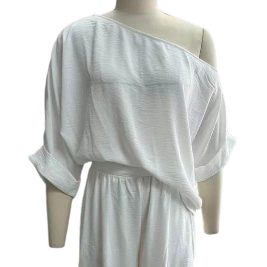Women's Cotton Linen 2 Piece Sets Casual One Shoulder Half Sleeve Top And Wide Leg Pants Summer Vacation Lounge Outfits