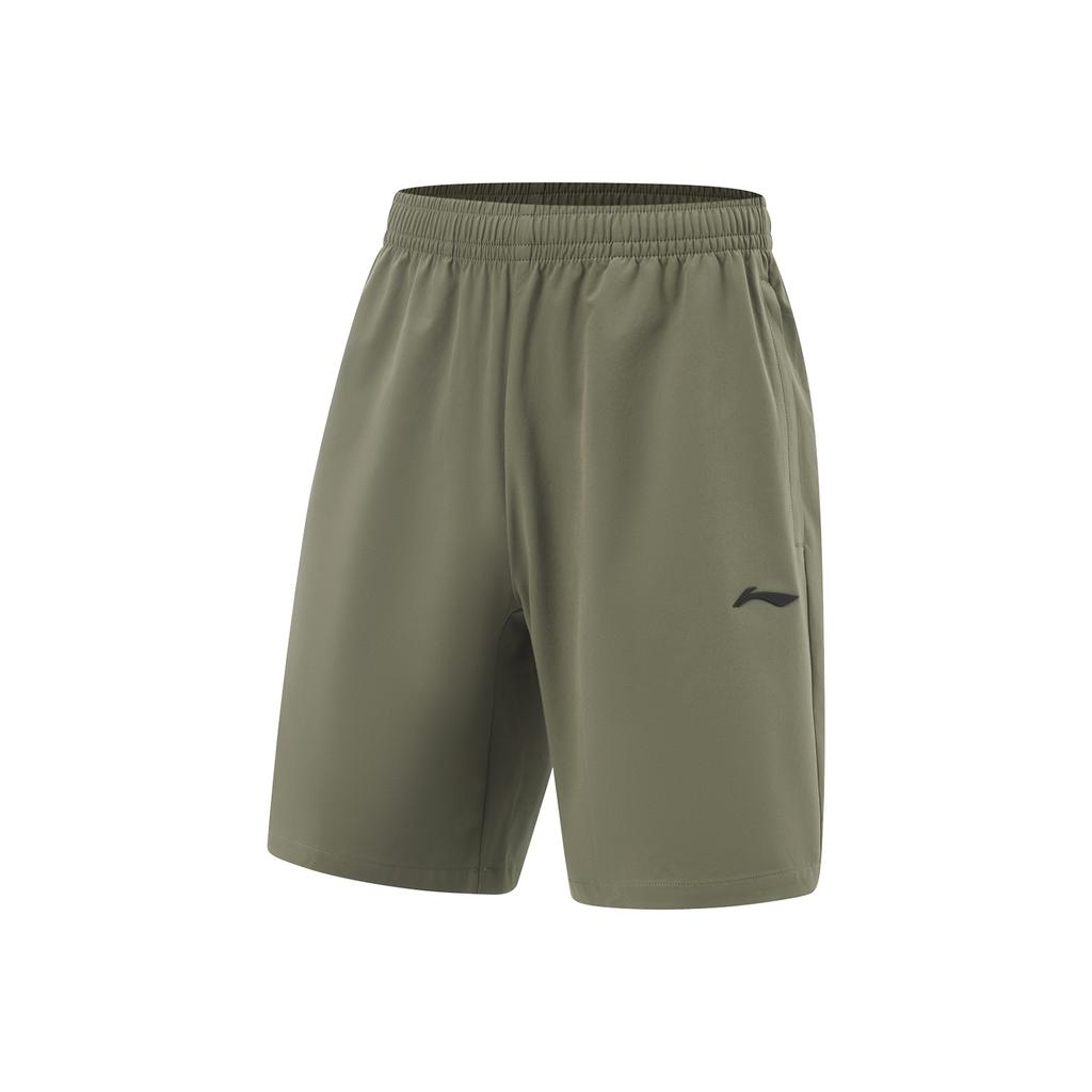 Li Ning Fitness Series Solid Color Mid Waist Drawstring Quick Dry Straight Leg Sports Shorts Men Shorts Tea-Green AKSV111-5