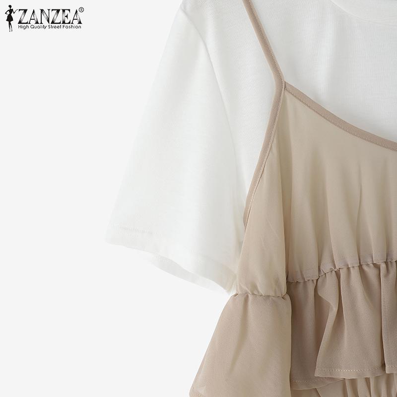 ZANZEA Women Casual Round Neck Summer Patchwork Short Sleeve T-shirt
