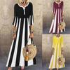 Damen Sommer Casual Fashion Streifen Druck Mittelärmel Knöpfe Nähte Big Swing Langes Kleid in A-Linie
