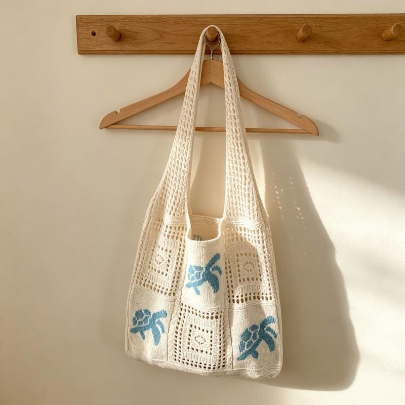 Crochet Beach Tote Bag Hollow Out Ocean Pattern Breathable Reusable Shoulder Bag for Vacation Shopping Daily Commute