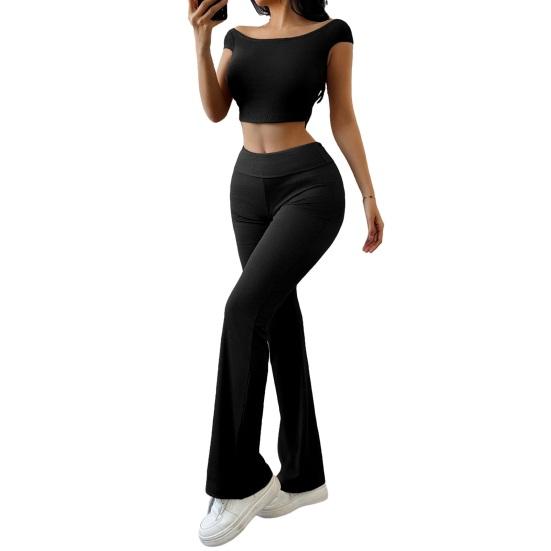 Women's 2 Piece Lounge Outfits Short Sleeve Crop Top High Waisted Flared