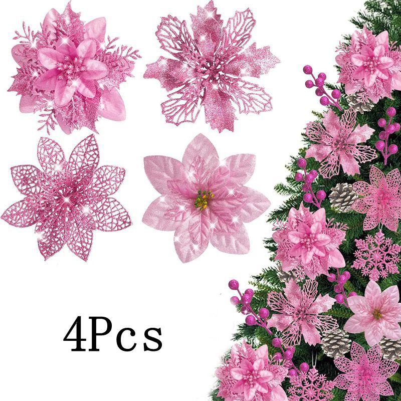 

1 набор 11/13/14см Розовые Искусственные Блестящие Рождественские Цветы Рождественская Елка Венок Подвесные Украшения Домашняя Вечеринка Декор Нового Года Navidad 11-14cm