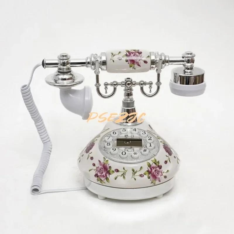 Wired Telephone Home Electroplating Blue Screen Retro Telephone Rural Ceramic Antique Decoration Desktop Crafts