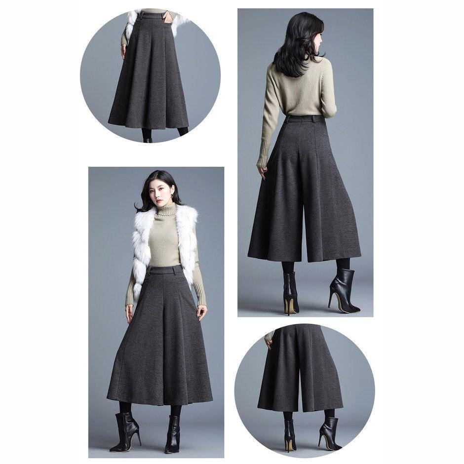 Autumn Winter Women's Woolen Pants Solid Pocket Elastic High Waist Fashion Elegant Loose Wide Leg Ankle Length Trousers