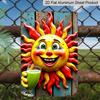 2D Flat 8x12inch Metal Sign 2D Flat Printed Sun Face Metal Wall Art with Green Drink Holding, Rustic Style, Festive Holiday Decor for Outdoor Indoor