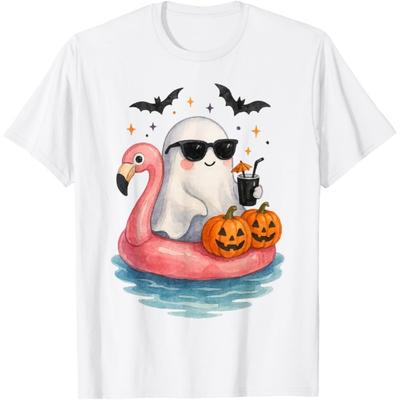 Summer Ghost Watercolor Cute Ghost With Flamingo Float Beach T-Shirt