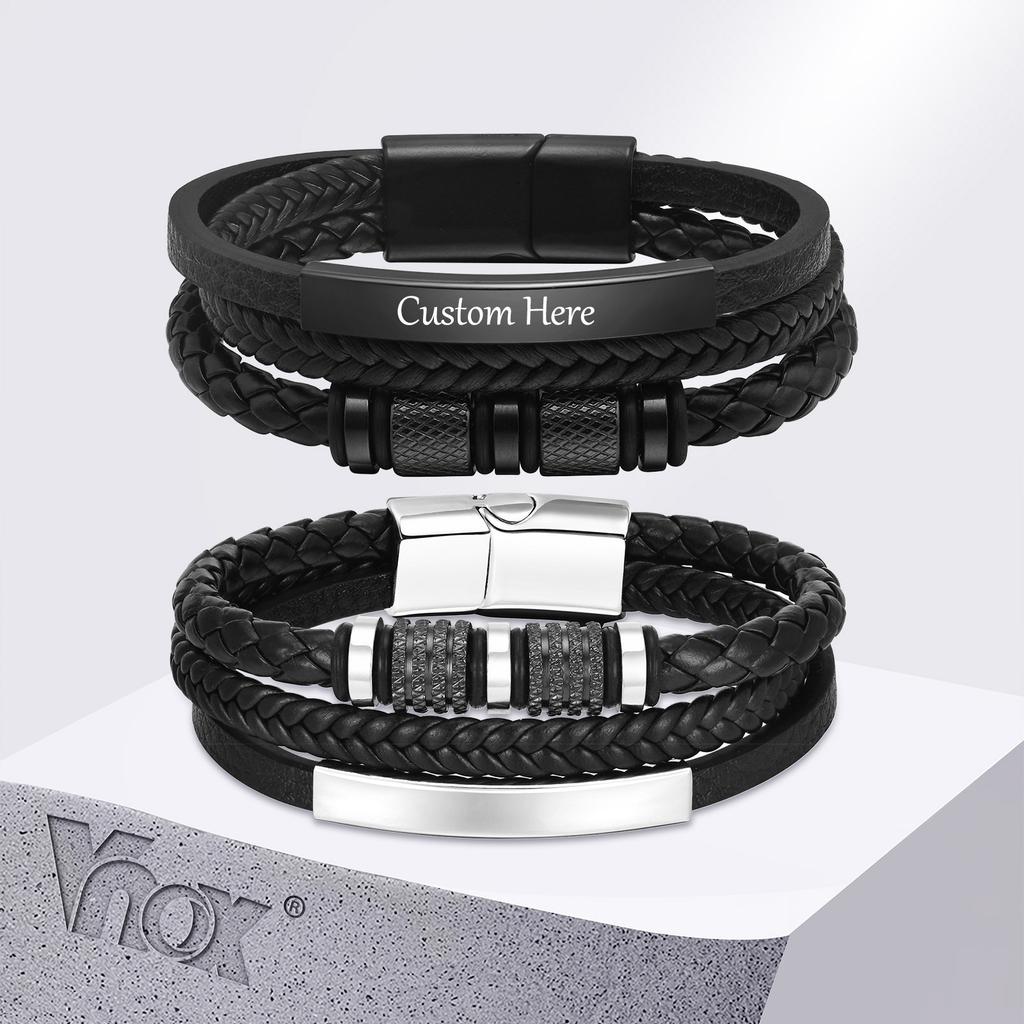 Vnox Personalized Braided Leather Bracelet for Men Handmade Triple Woven Pu Leather Bracelet Custom Name Text Jewelry Gifts