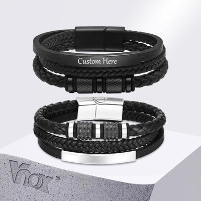 Vnox Personalized Braided Leather Bracelet for Men Handmade Triple Woven Pu Leather Bracelet Custom Name Text Jewelry Gifts