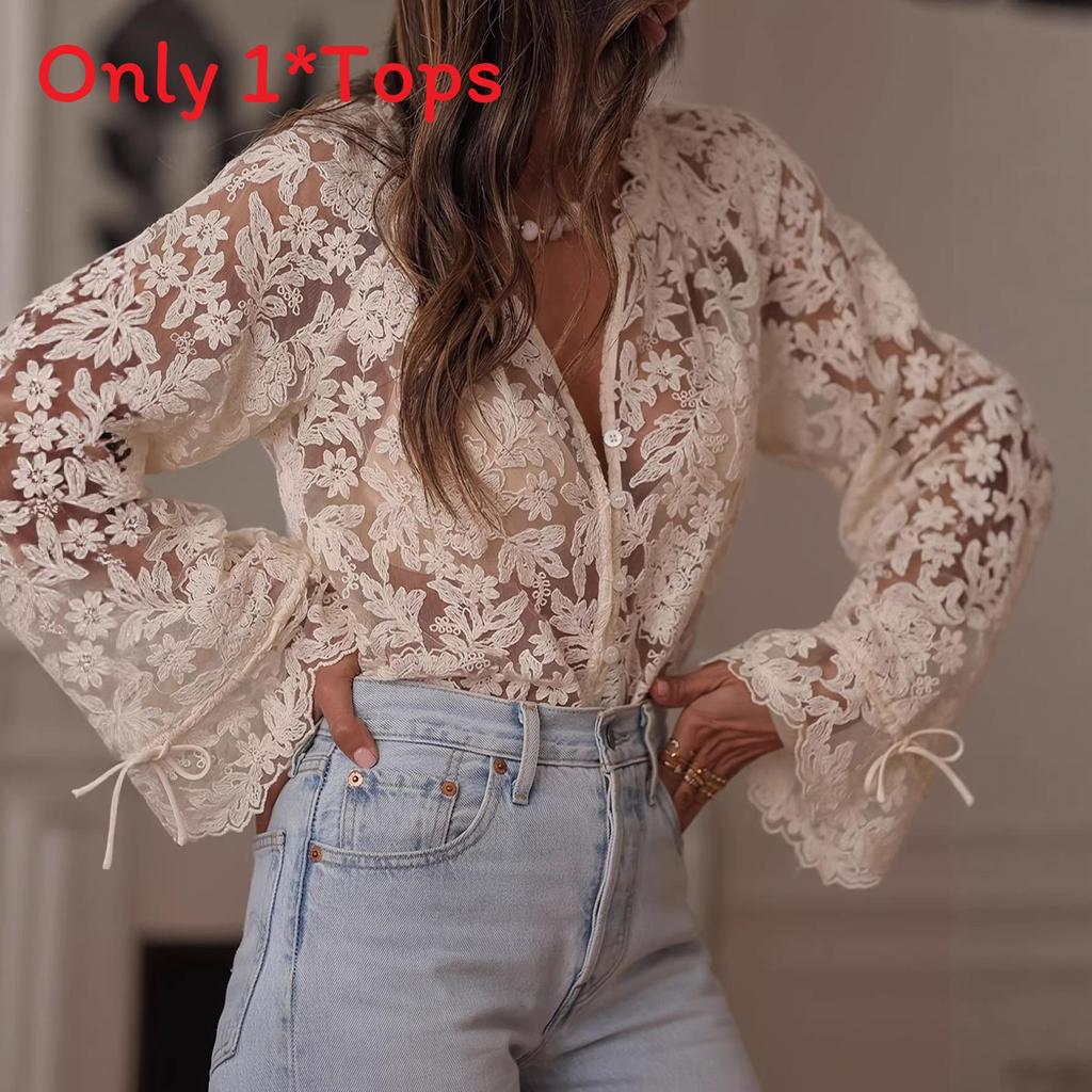 Summer Lace Shirt For Women With Long Sleeves And Round Neck In Pure Color For Street Style Fashion
