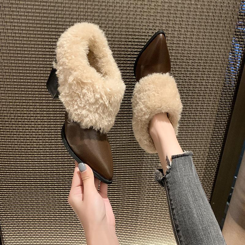 Women's Pointed Toe Large Size Thick Sole Winter Warm Fur One Snow Boots Padded Lined Ankle Boots Anti-slip Hiking Casual Sports Cotton Boots