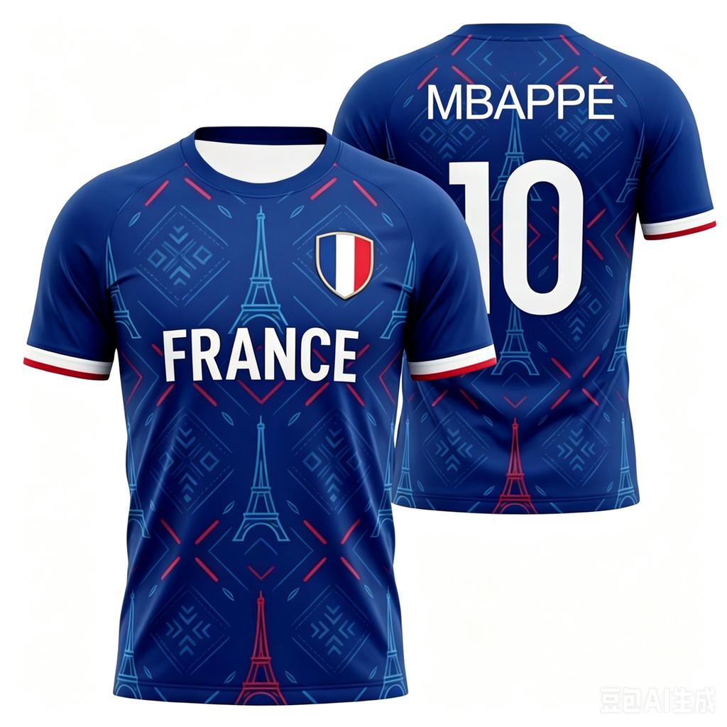 Mbappe 10 Soccer Jersey Subtle Hexagonal Jacquard Pattern Gold Lettering French Shield Crest Crew Neck Dual-sided Print