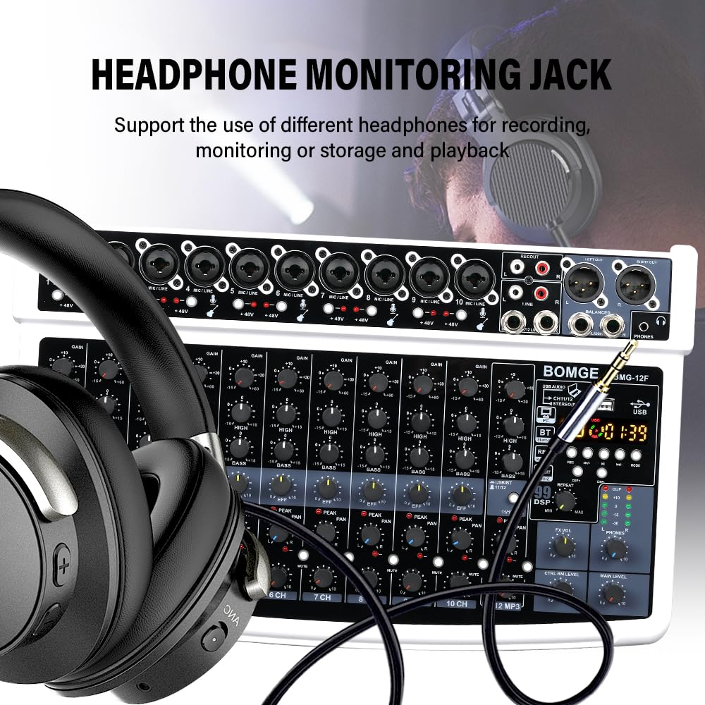 BOMGE Professional Audio Bluetooth Studio Mixer with 48V and 99 DSP Effects Professionals and 12-Channel Mixer, USB, Power, XLR/RCA Inputs, (For