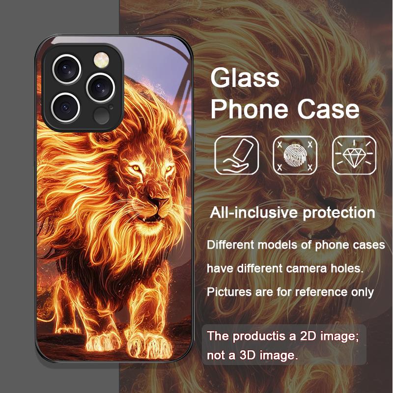 Luxurious Golden Flame Lion Pattern Tempered Glass Phone Case for IPhone 16 Pro Max 15 14 13 12 Mini 11 PRO XS XR 7 8 Plus Cover
