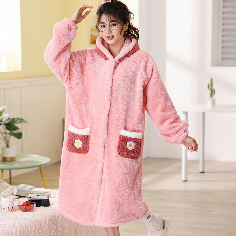 Women's Coral Velvet Nightgowns Winter Long Robes Thicken Plush Pajama Kimono Flannel Sleepwear Warm Pijama Pants Home Clothing