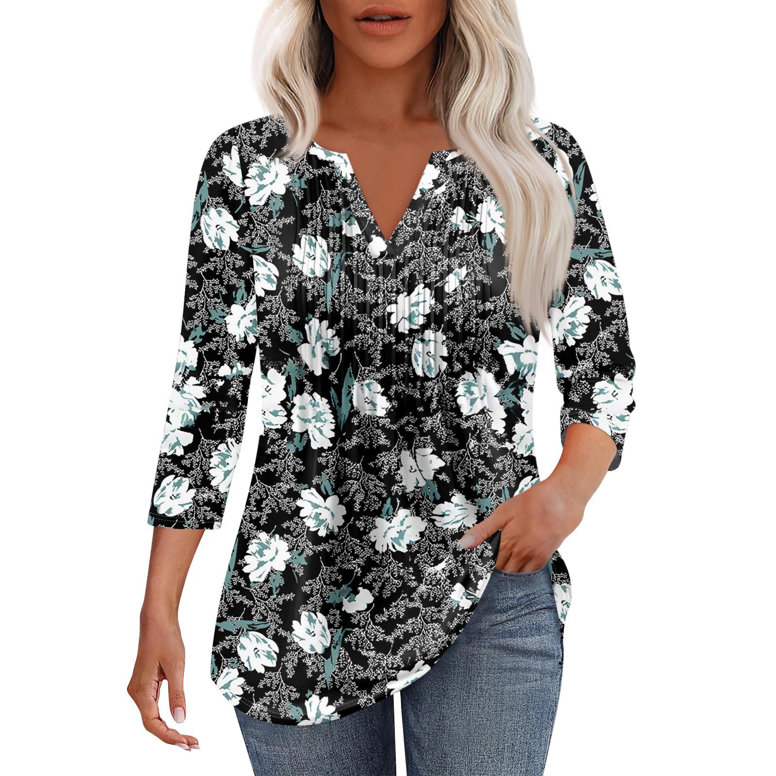 

Женская модная повседневная плиссированная футболка с V-образным вырезом и рукавом семь четвертей M чёрный