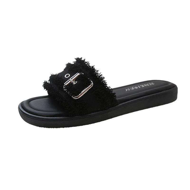 Internet celebrity cool slippers women's summer wear 2025 new super fire belt buckle one word flat bottom non-slip beach shoes