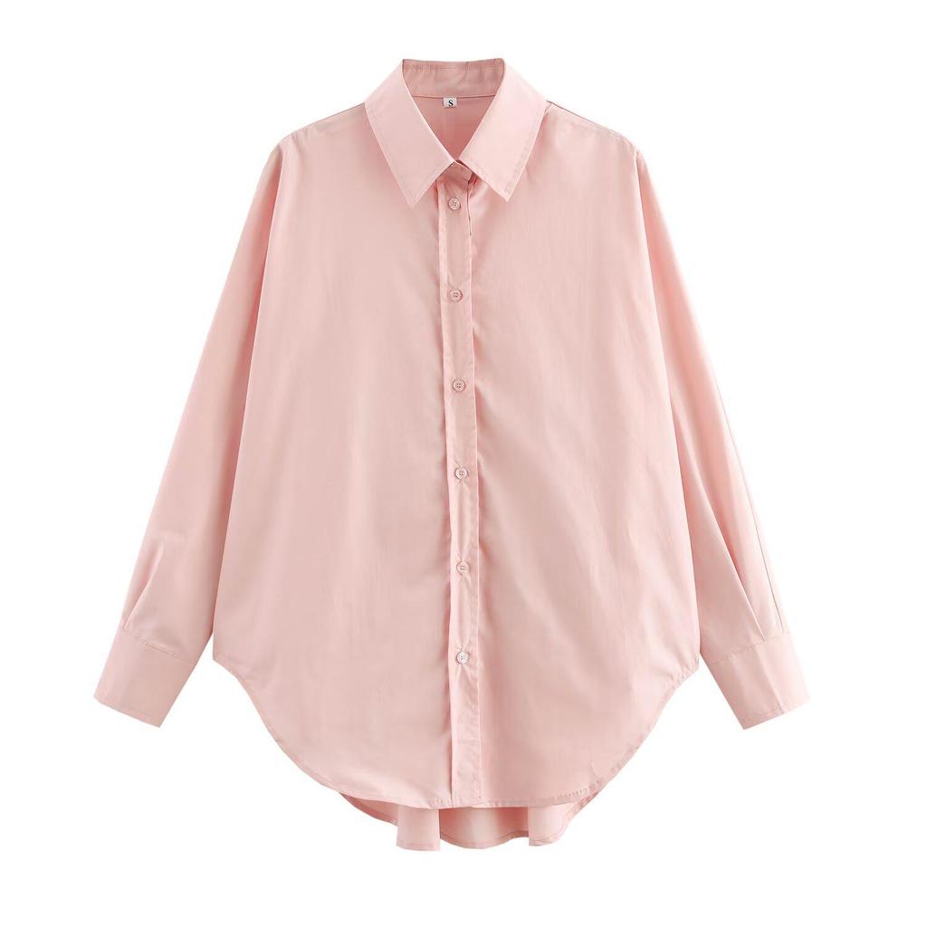 2025 Spring Women's European & American Style Casual Loose Long-Sleeve Cotton Shirt with Turn-Down Collar