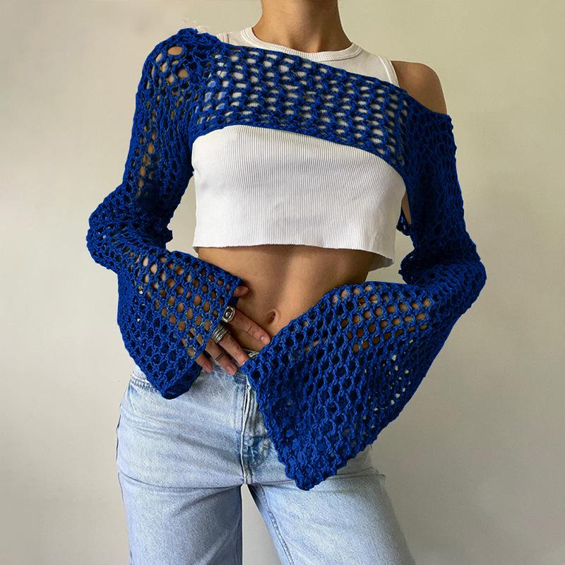 2025 Autumn Women's Ultra-Short Hand-Hooked Mesh Sweater with Trumpet Sleeves