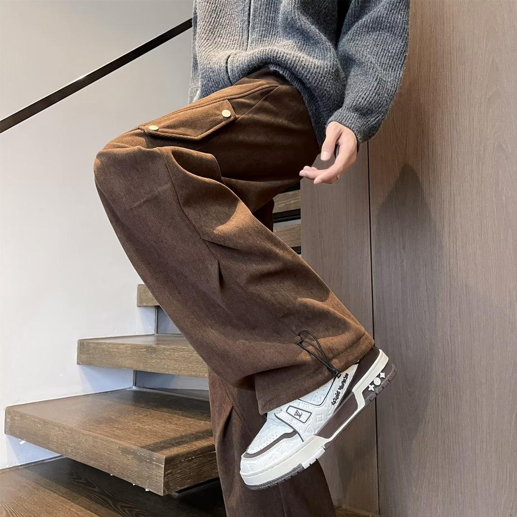 American heavy pleated corduroy overalls men's autumn and winter design sense straight wide-leg pants fleece casual pants