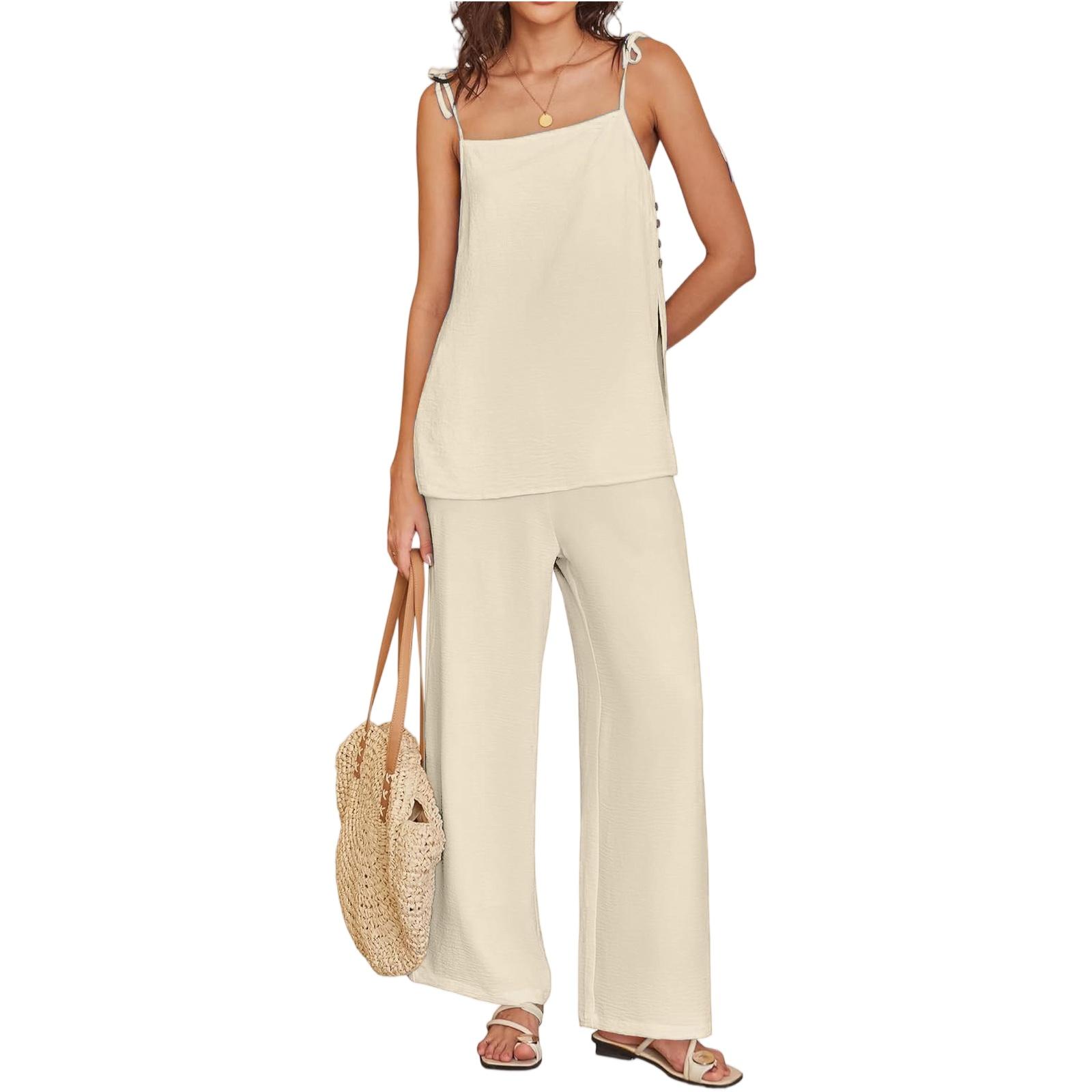 

Женский повседневный летний хлопково-льняной модный тонкий жилет с бретелями и комплект брюк M бежевый